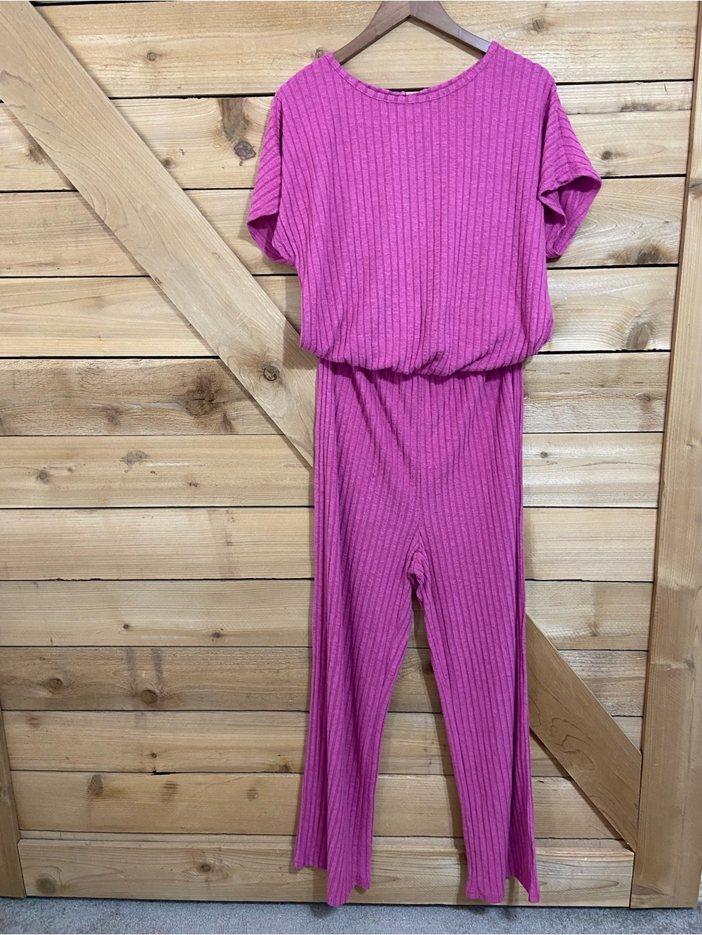Ribbed Short-Sleeve Jumpsuit in Fuchsia